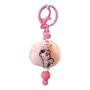 Adorable Pink Cow Keychain with Pom Pom Charm